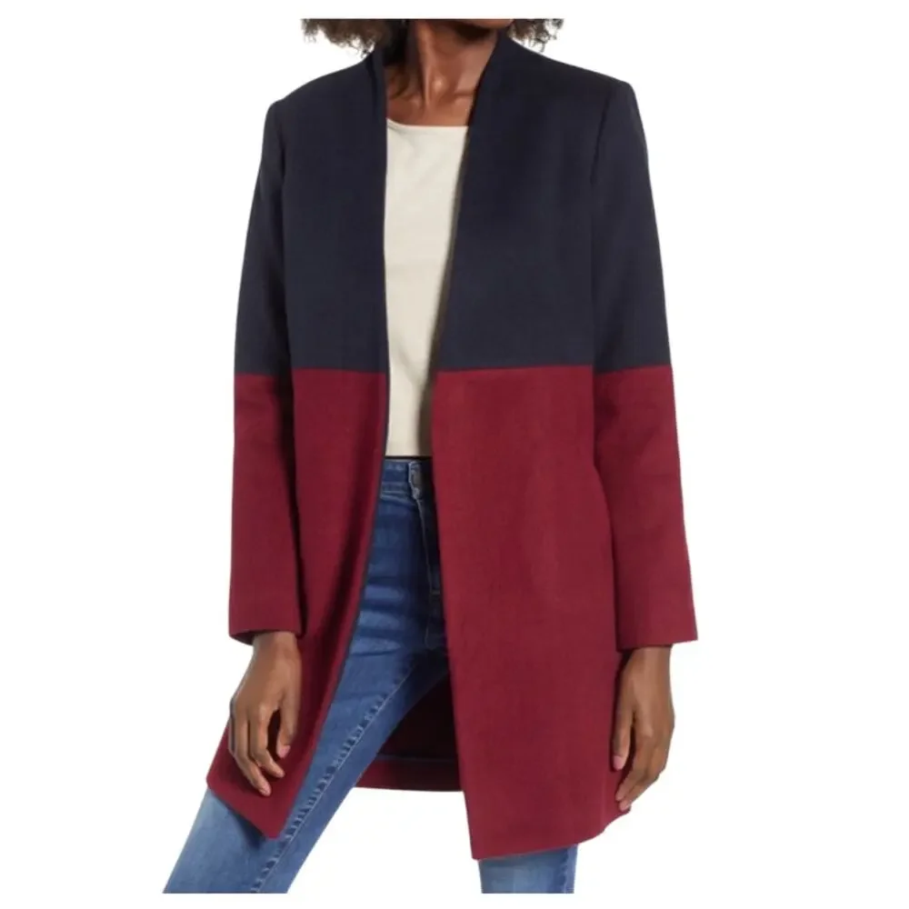 Mural Women's Navy and Burgundy Color Block Coat  - SIZE S